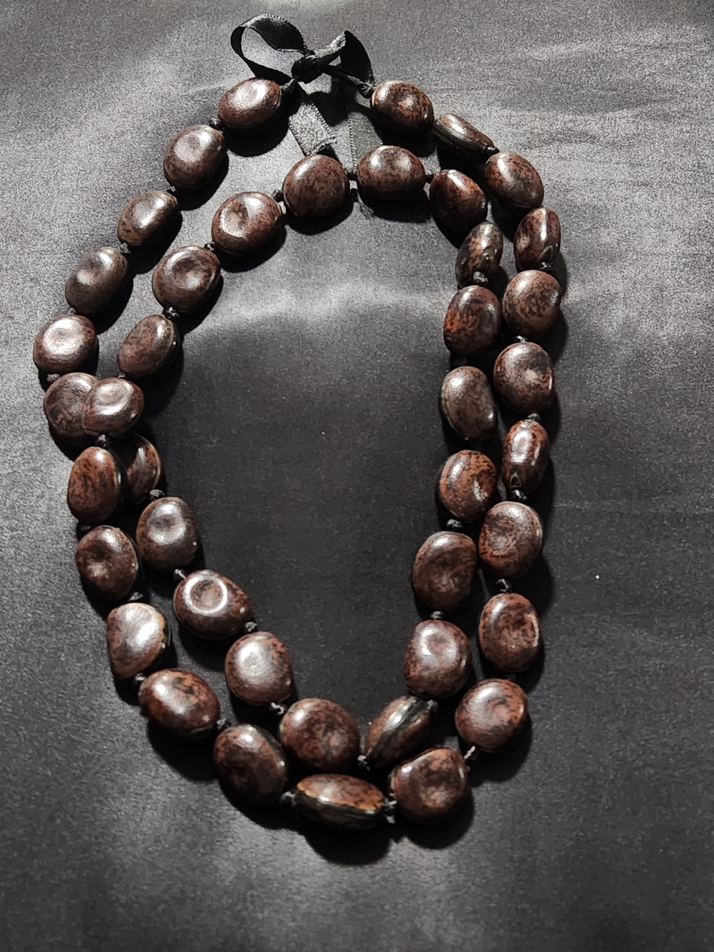​Vintage Natural Sea Bean Single Strand Statement Necklace - Ribbon Tie